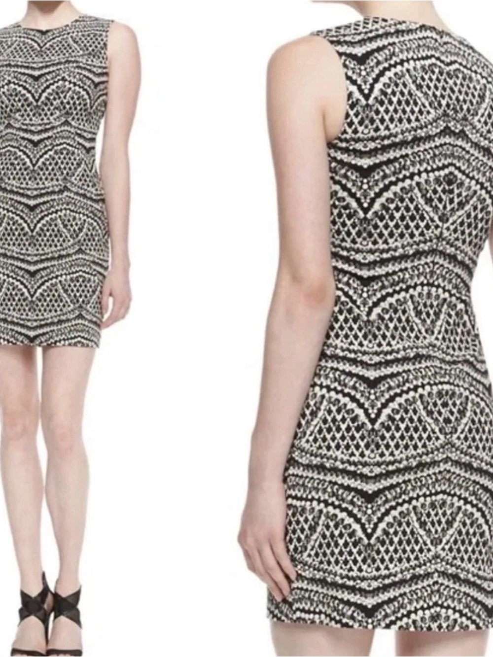 Diane Von Furstenberg Black and White Sleeveless Patterned Shift Dress